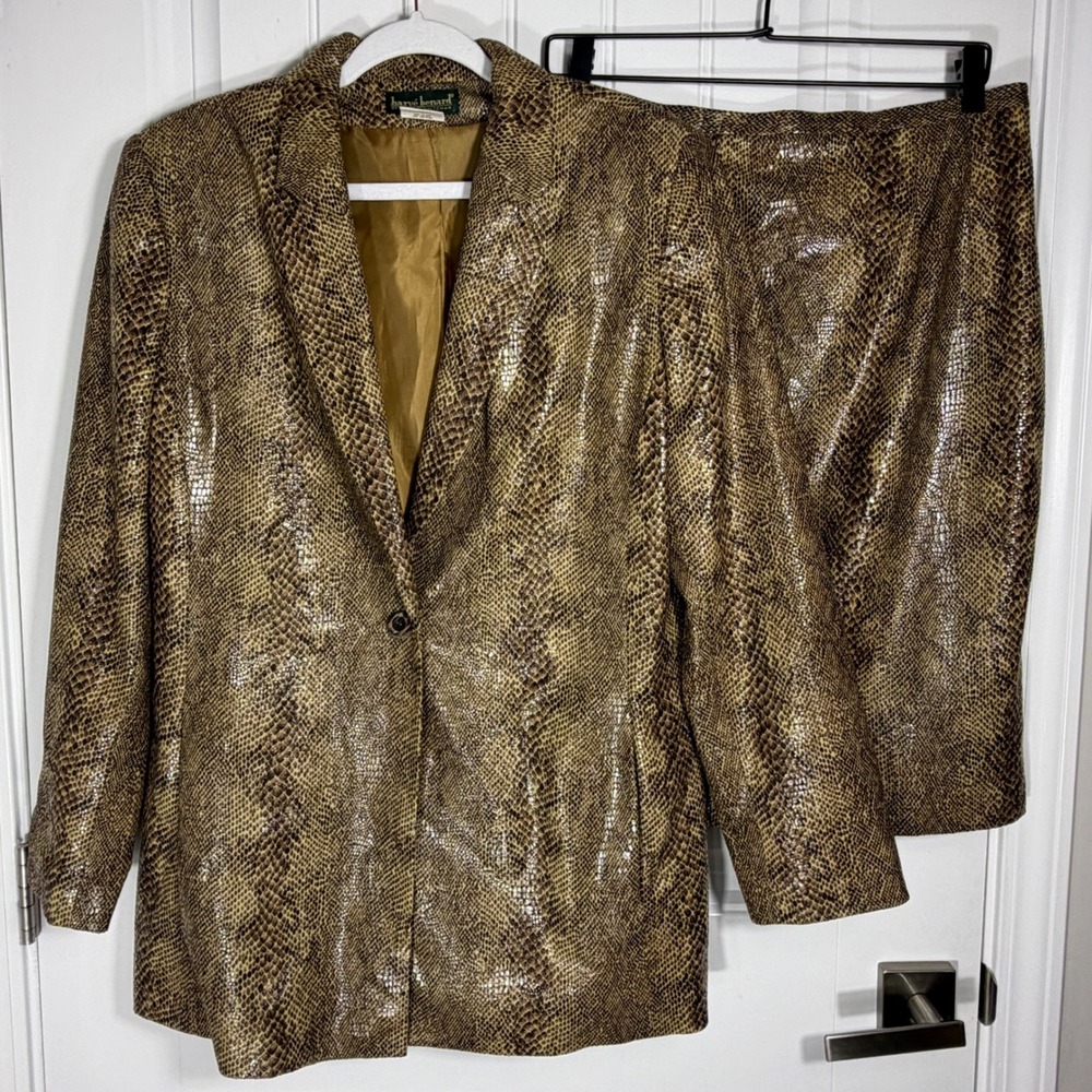 Harve Benard Vintage Snakeskin Print Skirt Suit Set Brown Tan Size 14